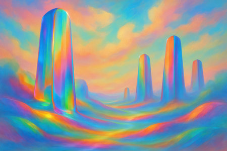 Abstract showing abstract landscape with iridescent pillars and flowing rainbow colors image. High resolution image suitable for commercial use. Clear details and vibrant colors enhance visual appeal.の素材