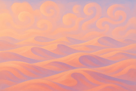 A soft pastel landscape depicts rolling desert dunes in shades of peach and lavender. Above, the sky features abstract, swirling cloud formations in a similar warm, muted palette, creating a serene and dreamlike atmosphere.の素材
