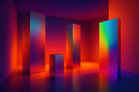 A dimly lit studio space featuring several tall rectangular metallic forms and one smaller cube. The surfaces of these objects exhibit a smooth, reflective quality with a vibrant gradient of colors, transitioning from deep purple and blue through red, orange, yellow, and green. The background walls and floor are also bathed in this rich, warm lighting, creating a dramatic and abstract atmosphere.の素材