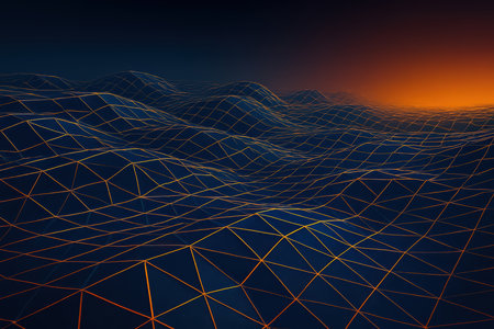 A digital rendering depicts an abstract landscape with undulating terrain formed by a polygonal grid. The surface is a deep blue, overlaid with a network of thin, glowing orange lines that define the geometric shapes. The background transitions from dark blue at the top to a bright orange glow on the right horizon, suggesting a sunset or artificial light source.の素材