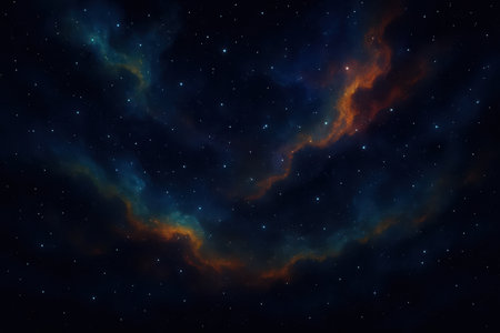 A dark expanse of deep space is illuminated by scattered white stars and vibrant, swirling clouds of cosmic gas. The nebulae exhibit a blend of deep blues and fiery oranges, creating a dreamlike and futuristic atmosphere.の素材