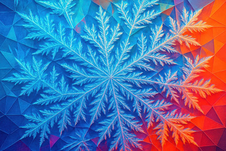 A symmetrical abstract pattern resembling a snowflake or frost formation. The central element is white and intricate, with branching fractal-like structures. This is set against a geometric background composed of triangular facets that transition from bright blue on the left to vibrant orange on the right, creating a striking color contrast.の素材