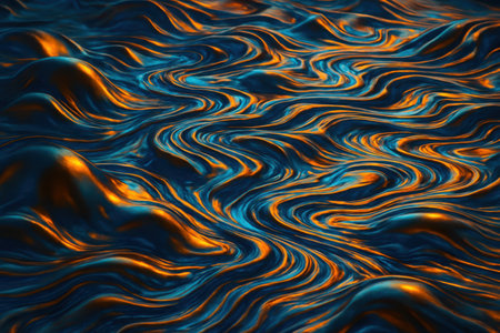 An abstract, three-dimensional surface with undulating waves and swirls. The texture appears fluid and glossy, with a metallic sheen. Dominant colors are deep navy blue and vibrant orange, creating a striking contrast. The interplay of light and shadow highlights the smooth, organic forms and the flowing lines of the pattern.の素材