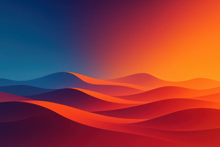 A minimalist abstract landscape featuring smooth, rolling hills or dunes. The image transitions from a deep blue sky at the top to vibrant oranges, reds, and purples in the foreground, creating a warm and atmospheric gradient effect.の素材