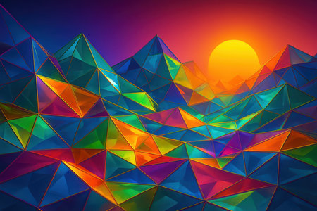 A vibrant abstract landscape composed of numerous geometric polygonal shapes resembling mountains or terrain. The facets are rendered in a spectrum of translucent colors including deep blues, greens, oranges, yellows, purples, and pinks, outlined with thin gold lines. A large, bright orange sun is setting on the right side of the image, casting a warm glow across the scene and creating a gradient in the sky from deep blue to purple and then to a reddish-orange.の素材
