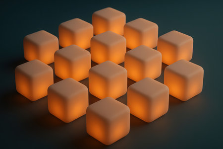 A collection of fifteen uniformly sized cubes with rounded edges are arranged in a staggered grid formation. Each cube emits a soft, warm orange glow from within, illuminating its translucent surfaces. The background is a solid, dark teal color, creating a strong contrast with the illuminated cubes and emphasizing their geometric form and soft luminescence.の素材