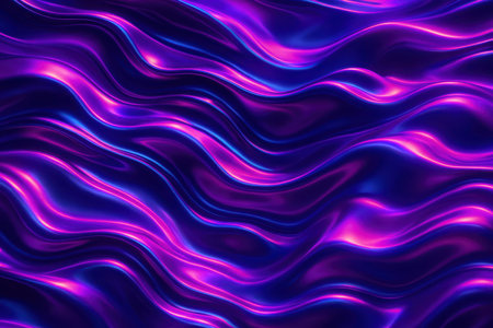 A seamless abstract pattern featuring undulating waves of liquid-like material. The surface reflects light with a glossy, metallic sheen, displaying vibrant gradients of deep purple, electric pink, and hints of electric blue. The composition creates a sense of fluid motion and depth.の素材