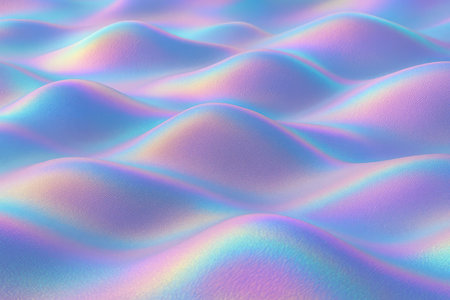 A close-up view of abstract, undulating forms resembling dunes or waves. The surface displays a holographic texture with a smooth, matte finish. Colors blend seamlessly in a pastel spectrum, featuring soft blues, purples, pinks, and hints of yellow and green, creating an iridescent and ethereal effect. The lighting is soft and diffused, highlighting the gentle curves and subtle texture of the forms.の素材