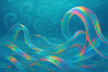 An abstract underwater scene featuring translucent, wavy ribbons with iridescent rainbow colors flowing and curving through a deep blue environment. Swirling patterns and small bubbles are visible in the background, creating a dreamlike and ethereal atmosphere.の素材