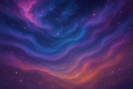 A vibrant cosmic nebula fills the frame with swirling clouds of color. Deep blues and purples blend with streaks of pink and orange, creating a dynamic and ethereal atmosphere. Numerous small, bright stars are scattered throughout the scene, adding depth and sparkle to the vast expanse.の素材