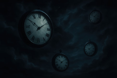 Several antique clocks with Roman numeral faces are suspended in a dark, cloudy, deep blue sky. The largest clock is in the foreground on the left, with three smaller clocks scattered in the background. The overall mood is dark, mysterious, and dreamlike.の素材