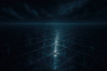 A dark, reflective metallic grid floor stretches into the distance towards a hazy horizon. Above, a dramatic sky filled with dark, moody clouds creates a sense of depth and atmosphere. The grid lines are sharply defined, with subtle reflections of light and shadow playing across the metallic surface.の素材