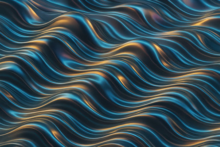 A seamless abstract pattern of flowing waves with a liquid metal texture. The surface reflects light, displaying a gradient of deep blues and warm golds, creating a sense of depth and movement. The metallic sheen highlights the smooth, undulating forms.の素材