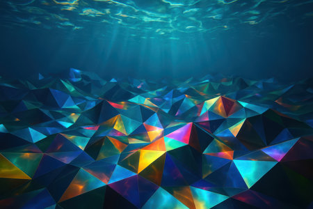 Abstract showing abstract underwater landscape with colorful polygonal terrain and sun rays image. High resolution image suitable for commercial use. Clear details and vibrant colors enhance visual appeal.の素材