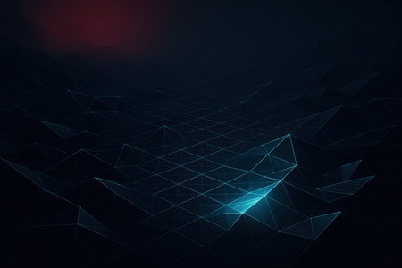 Abstract showing dark futuristic wireframe landscape with glowing blue geometric structures abstract background. High resolution image suitable for commercial use. Clear details and vibrant colors enhance visual appeal.の素材
