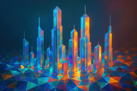 A collection of abstract skyscrapers with sharp, geometric forms are rendered in a holographic, iridescent material. The buildings display a spectrum of blues, oranges, and teals, reflecting light and creating a shimmering effect. They are situated on a low-polygon, geometric surface that mirrors the colors and light of the structures. The background is a dark, gradient blue.の素材