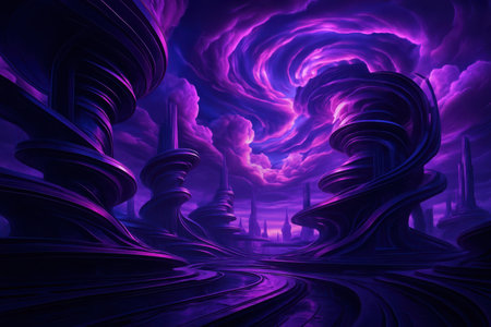 A surreal, futuristic cityscape bathed in deep purples and blues. Towering, organic structures with spiraling forms dominate the scene, their surfaces reflecting the dramatic, swirling clouds above. The ground features a winding, reflective pathway.の素材