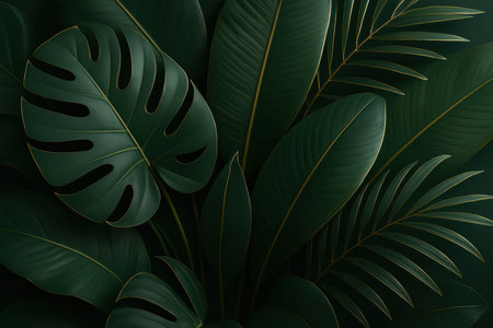 A close-up view of various dark green tropical leaves, including monstera and palm fronds. Subtle golden edges highlight the veins and contours of the leaves, creating a luxurious and sophisticated botanical arrangement. The composition is dense and layered, with a deep, rich color palette.の素材