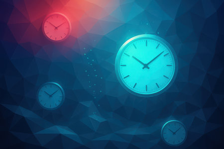 Four analog clocks are depicted against a dark, abstract polygonal background. The background transitions from a vibrant red in the upper left to deep blues in the lower right. The clocks are illuminated with varying degrees of blue and red light, creating a striking contrast. Small, glowing particles are scattered across the scene.の素材