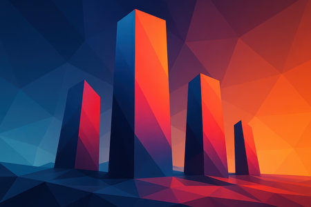 A minimalist abstract scene featuring several tall, angular polygonal towers. The towers exhibit a gradient of colors transitioning from deep blue on the left to vibrant orange and red on the right, with sharp edges and flat planes. The background and foreground are composed of a low-poly geometric pattern in shades of blue and red, creating a sense of depth and a stylized landscape.の素材