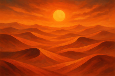 An abstract digital painting depicts a vast desert landscape under a warm sunset. Rolling sand dunes in shades of orange and red create a rhythmic pattern across the scene. A bright, circular orange sun is positioned high in the sky, casting a warm glow and illuminating the textured surfaces of the dunes. The sky is filled with soft, blended clouds in similar warm tones, creating a serene and atmospheric mood.の素材