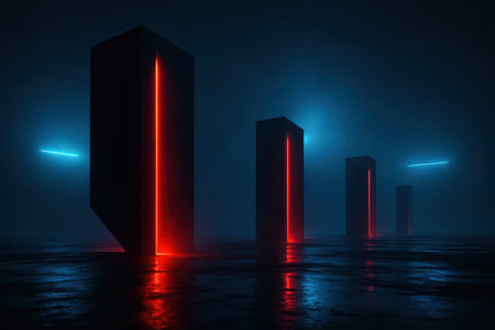 Futuristic showing dark futuristic monoliths with glowing red and blue neon lights on wet reflective surface abstract. High resolution image suitable for commercial use. Clear details and vibrant colors enhance visual appeal.の素材