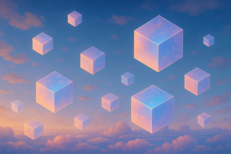 Numerous pastel-colored cubes with soft glowing edges float in a serene sky. The sky transitions from a deep blue at the top to soft pink and orange hues near the horizon, where fluffy clouds are visible. The cubes are rendered in an isometric perspective, creating a dreamlike and abstract composition.の素材
