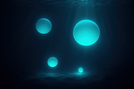 Four luminous turquoise spheres are suspended in a dark, deep underwater environment. Rays of light penetrate the water from above, illuminating the spheres and the rippling surface of the seabed below. The composition is abstract and atmospheric, evoking a sense of mystery and wonder.の素材