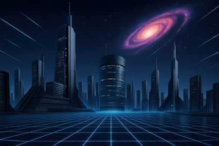 A futuristic cityscape at night with towering skyscrapers under a dark blue sky. A vibrant spiral galaxy with pink and purple hues dominates the upper right portion of the sky, surrounded by scattered stars. Streaks of light, possibly meteors or spacecraft, traverse the sky. In the foreground, a glowing blue grid stretches into the distance, creating a digital or virtual landscape.の素材