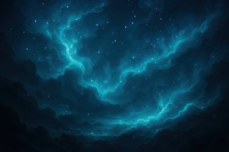 A dark blue expanse filled with swirling turquoise clouds and countless tiny bright stars. The luminous turquoise formations create a sense of depth and movement, resembling cosmic nebulae or underwater currents. The overall mood is mysterious and awe-inspiring.の素材