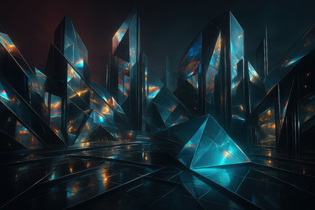 A futuristic cityscape composed of sharp geometric structures resembling prisms and crystals. The architecture features reflective surfaces in shades of deep blue and teal, interspersed with glowing orange and gold light. The ground is a highly polished, dark surface reflecting the structures above. The overall mood is dark, atmospheric, and technologically advanced.の素材