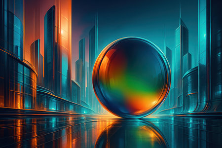 A futuristic cityscape with towering skyscrapers bathed in vibrant orange and teal light. A large, translucent sphere with swirling rainbow colors sits prominently in the foreground, reflecting the surrounding city lights on a wet, glossy surface. The scene evokes a dreamlike and surreal atmosphere.の素材