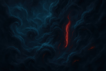 A dark, swirling nebula in deep space. The dominant color is a deep, muted blue with lighter blue accents highlighting the organic, cloud-like formations. A vibrant, fiery red streak resembling lightning cuts through the center of the image, with smaller red embers scattered throughout the darker areas.の素材