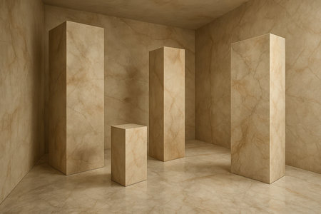 An interior space with walls, floor, and ceiling covered in a seamless beige marble texture featuring natural brown and cream veins. Four geometric pedestals of varying heights are positioned within the space, also made of the same marble material. The lighting creates subtle shadows, highlighting the smooth, polished surface of the stone.の素材