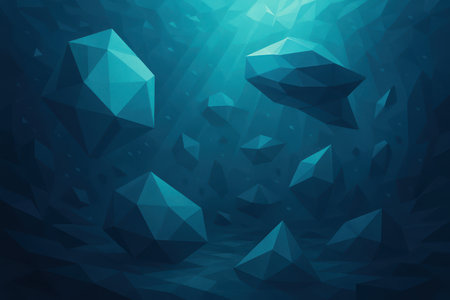 A low poly abstract scene depicting numerous geometric polygonal shapes in shades of blue and teal. These shapes appear to be floating in a deep underwater environment, illuminated by visible rays of light penetrating from above. The background transitions from a brighter cyan at the top to a darker blue at the bottom, suggesting depth and an aquatic setting.の素材