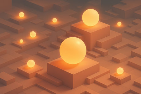 An abstract isometric landscape featuring stepped orange platforms. Several glowing orange spheres of varying sizes are placed on top of these platforms, emitting a soft light. The scene has a surreal and minimalist aesthetic with a muted, hazy background.の素材
