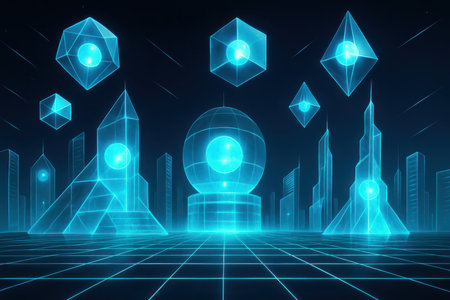 A futuristic cityscape rendered in glowing neon blue lines against a dark background. Geometric crystal structures resembling skyscrapers and abstract shapes are scattered throughout the scene. A large, glowing orb sits centrally on a pedestal, and a digital grid covers the foreground, creating a sense of depth and a virtual environment.の素材