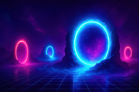 A surreal landscape bathed in vibrant neon light. Three glowing portals, one large blue and two smaller pink and blue, are set against dark, rocky formations. The ground features a reflective grid pattern, and the sky is a deep purple with hints of clouds and distant stars. Ethereal mist surrounds the portals and landscape elements.の素材