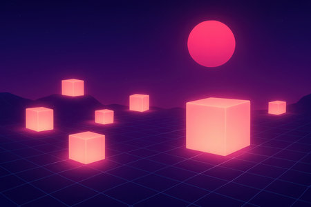 A surreal digital landscape features glowing orange cubes scattered across a dark grid. A large pink sun or planet hangs in the deep purple, starry sky above rolling dark hills. The scene evokes a retro-futuristic or synthwave aesthetic with its vibrant neon colors and geometric elements.の素材