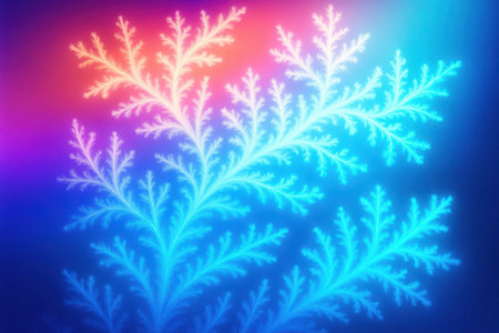 Abstract fractal patterns resembling branching organic forms glow with neon light against a smooth gradient background transitioning from deep blue to vibrant pink and soft orange. The intricate, delicate structures are rendered in luminous shades of cyan and white, creating a sense of depth and ethereal beauty.の素材