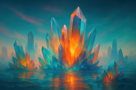 A surreal landscape featuring numerous translucent crystalline formations of varying sizes. The crystals exhibit a vibrant gradient of colors, transitioning from deep teal and turquoise to fiery orange and yellow, with some appearing to glow from within. They emerge from a body of water that reflects the colorful light. The background shows a hazy, teal sky with subtle hints of pink clouds.の素材