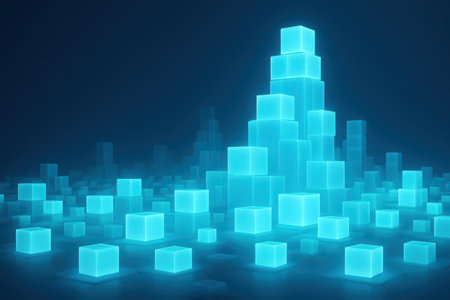A dark blue background features a digitally rendered cityscape composed of glowing cyan cubes. The cubes are arranged in varying heights, with a central cluster forming a tall, illuminated tower. Smaller cubes are scattered across the foreground and midground, creating a sense of depth and a futuristic urban landscape.の素材
