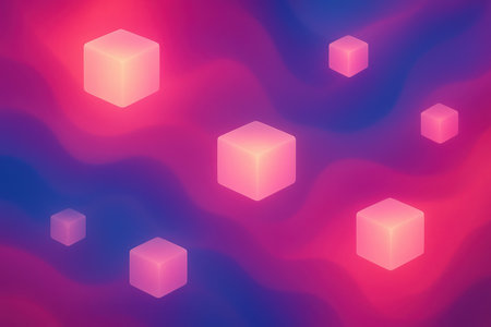 Several translucent pink cubes with soft glowing edges are scattered across a background featuring smooth, wavy bands of color transitioning from deep blue to vibrant pink. The cubes are rendered in an isometric perspective, appearing to float in a digital space.の素材