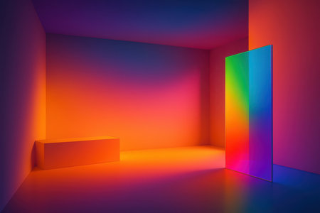 A minimalist interior space with smooth walls and floor bathed in a vibrant gradient of orange, pink, and purple light. A tall, narrow panel displaying a full rainbow spectrum stands vertically in the corner, casting colorful reflections. A simple rectangular block sits on the floor in the foreground.の素材