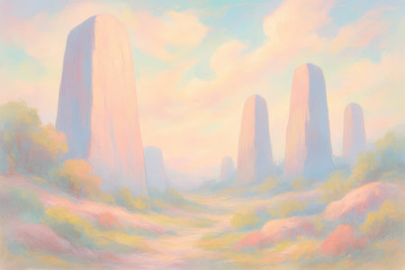 An abstract landscape painting rendered in soft pastel colors. Towering, rounded rock formations dominate the scene, bathed in a warm, hazy light. Rolling hills covered in soft vegetation in shades of pink, yellow, and green recede into the distance. The sky is a blend of soft blues, pinks, and oranges with wispy clouds, creating a serene and dreamy atmosphere.の素材