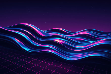 A digital rendering depicts undulating waves of liquid metal reflecting vibrant neon light in shades of electric blue and hot pink. The scene is set against a dark purple sky dotted with small white stars. A glowing pink grid pattern stretches across the foreground, creating a sense of depth and a retro futuristic aesthetic.の素材