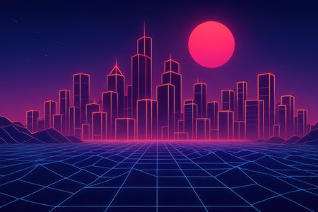 A neon wireframe cityscape glows with pink and orange outlines against a dark blue and purple gradient sky. A large, bright red sun is positioned in the upper right corner. In the foreground, a blue wireframe grid forms a digital landscape with undulating terrain.の素材
