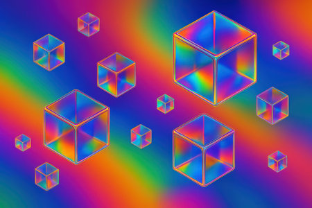 A collection of isometric cubes with iridescent, holographic surfaces are scattered across a vibrant background. The background features a smooth gradient transitioning through a spectrum of rainbow colors, from deep blues and purples to bright oranges and yellows. The cubes reflect the colors of the background, creating a dazzling and dynamic visual effect.の素材