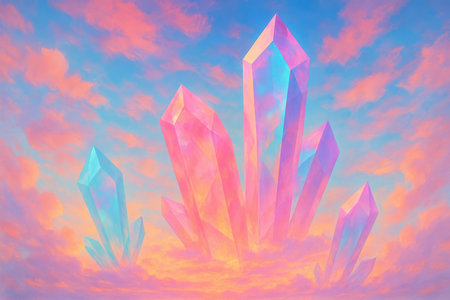 Crystal showing large pink and blue crystals emerging from soft clouds in a bright sky gemstone mineral. High resolution image suitable for commercial use. Clear details and vibrant colors enhance visual appeal.の素材