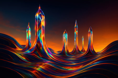 A surreal landscape features tall, slender towers with pointed tops, appearing to be made of iridescent crystal. These structures rise from a wavy, fluid ground that reflects vibrant rainbow colors. The background shows a dramatic sunset with a gradient of orange and dark blue sky.の素材